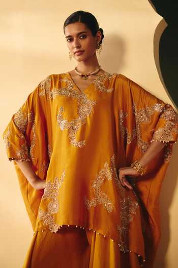 Shop Mrunalini Rao Yellow Silk V-neck Advaita Embroidered Kurta And Pant Set Online at Aza Fashions Shop_Mrunalini Rao_Yellow Silk V-neck Advaita Embroidered Kurta And Pant Set _Online_at_Aza_Fashions
