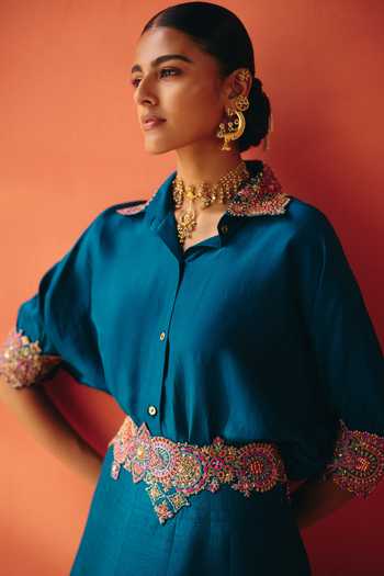 Buy Mrunalini Rao Blue , Raw Collared Neck Katyayni Embroidered Shirt And Skirt Set Online at Aza Fashions Buy_Mrunalini Rao_Blue , Raw Collared Neck Katyayni Embroidered Shirt And Skirt Set _Online_at_Aza_Fashions