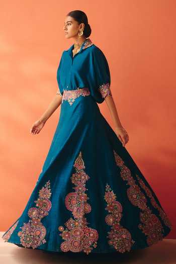 Shop Mrunalini Rao Blue , Raw Collared Neck Katyayni Embroidered Shirt And Skirt Set Online at Aza Fashions Shop_Mrunalini Rao_Blue , Raw Collared Neck Katyayni Embroidered Shirt And Skirt Set _Online_at_Aza_Fashions