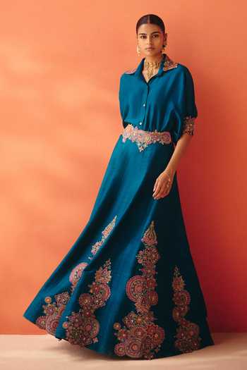 Mrunalini Rao Blue , Raw Collared Neck Katyayni Embroidered Shirt And Skirt Set at Aza Fashions Mrunalini Rao_Blue , Raw Collared Neck Katyayni Embroidered Shirt And Skirt Set _at_Aza_Fashions