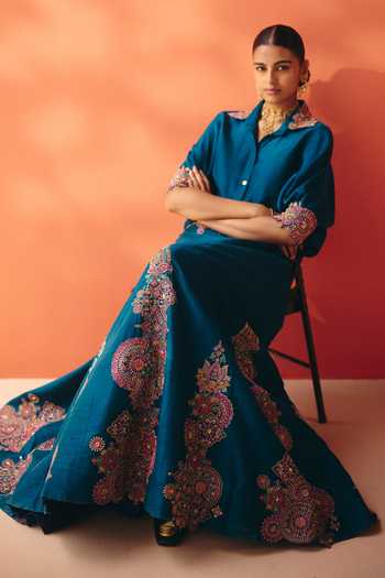 Buy Mrunalini Rao Blue , Raw Collared Neck Katyayni Embroidered Shirt And Skirt Set Buy_Mrunalini Rao_Blue , Raw Collared Neck Katyayni Embroidered Shirt And Skirt Set