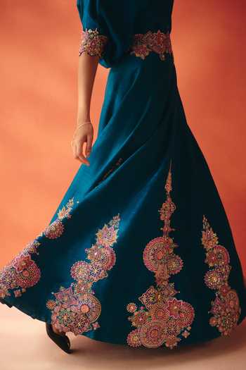 Shop Mrunalini Rao Blue , Raw Collared Neck Katyayni Embroidered Shirt And Skirt Set Shop_Mrunalini Rao_Blue , Raw Collared Neck Katyayni Embroidered Shirt And Skirt Set