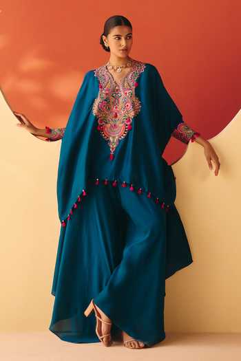Shop Mrunalini Rao Blue Silk V-neck Kayra Neckline Embroidered Kurta And Flared Pant Set Online at Aza Fashions Shop_Mrunalini Rao_Blue Silk V-neck Kayra Neckline Embroidered Kurta And Flared Pant Set _Online_at_Aza_Fashions