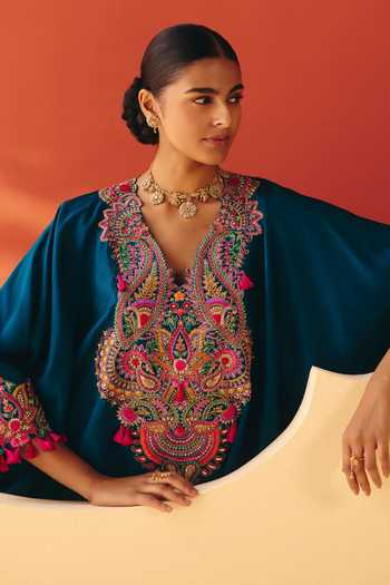 Buy Mrunalini Rao Blue Silk V-neck Kayra Neckline Embroidered Kurta And Flared Pant Set Buy_Mrunalini Rao_Blue Silk V-neck Kayra Neckline Embroidered Kurta And Flared Pant Set