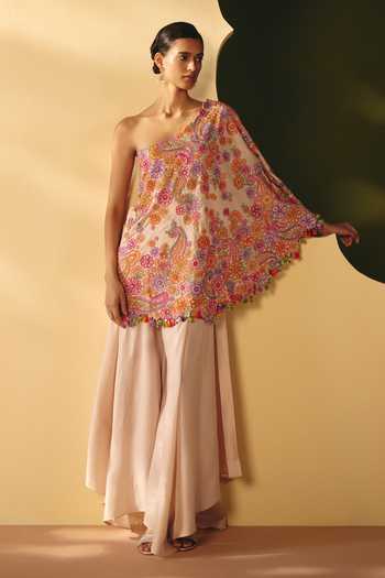 Shop_Mrunalini Rao_Ivory Silk, Cotton One Shoulder, Bandeau Neck Pranavi Cape Pant Set _Online_at_Aza_Fashions