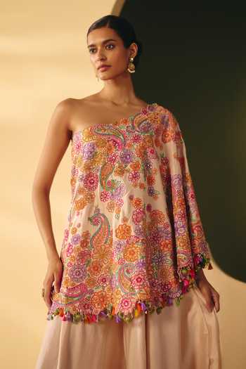 Buy_Mrunalini Rao_Ivory Silk, Cotton One Shoulder, Bandeau Neck Pranavi Cape Pant Set 