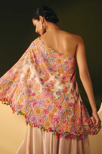 Shop_Mrunalini Rao_Ivory Silk, Cotton One Shoulder, Bandeau Neck Pranavi Cape Pant Set 
