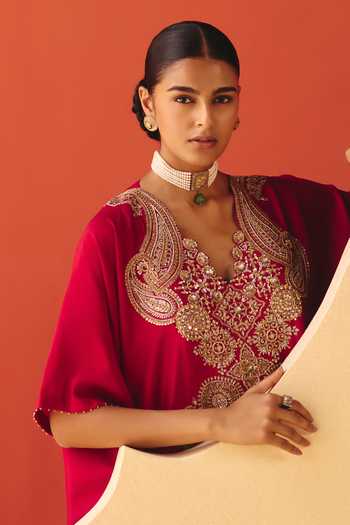 Buy Mrunalini Rao Red Silk V-neck Kriti Kaftan Online at Aza Fashions Buy_Mrunalini Rao_Red Silk V-neck Kriti Kaftan _Online_at_Aza_Fashions