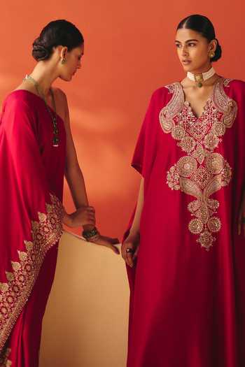 Shop Mrunalini Rao Red Silk V-neck Kriti Kaftan Online at Aza Fashions Shop_Mrunalini Rao_Red Silk V-neck Kriti Kaftan _Online_at_Aza_Fashions