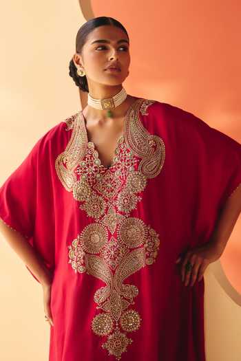 Mrunalini Rao Red Silk V-neck Kriti Kaftan at Aza Fashions Mrunalini Rao_Red Silk V-neck Kriti Kaftan _at_Aza_Fashions