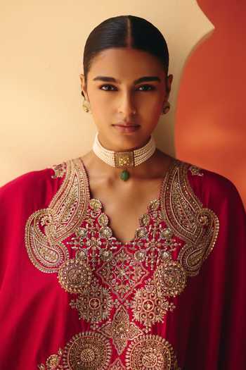 Buy Mrunalini Rao Red Silk V-neck Kriti Kaftan Buy_Mrunalini Rao_Red Silk V-neck Kriti Kaftan
