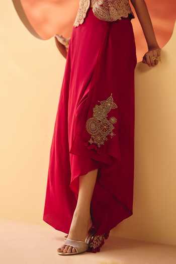 Buy Mrunalini Rao Red Raw , V-neck Dhriti Embroidered Waistcoat And Skirt Set Online at Aza Fashions Buy_Mrunalini Rao_Red Raw , V-neck Dhriti Embroidered Waistcoat And Skirt Set _Online_at_Aza_Fashions