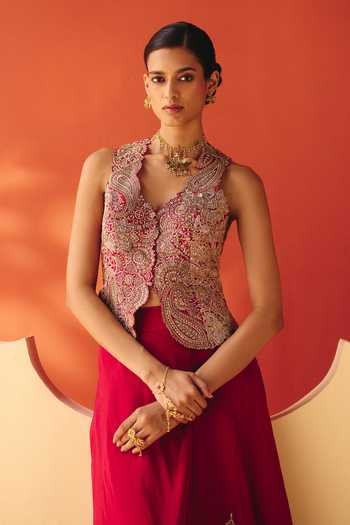 Shop Mrunalini Rao Red Raw , V-neck Dhriti Embroidered Waistcoat And Skirt Set Online at Aza Fashions Shop_Mrunalini Rao_Red Raw , V-neck Dhriti Embroidered Waistcoat And Skirt Set _Online_at_Aza_Fashions