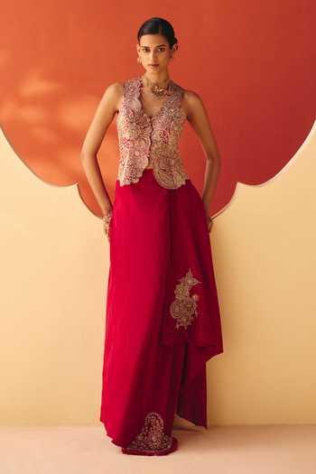 Mrunalini Rao Red Raw , V-neck Dhriti Embroidered Waistcoat And Skirt Set at Aza Fashions Mrunalini Rao_Red Raw , V-neck Dhriti Embroidered Waistcoat And Skirt Set _at_Aza_Fashions