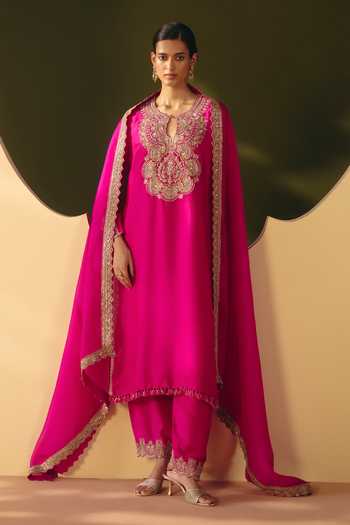 Shop_Mrunalini Rao_Pink Silk, Organza Keyhole Neck, Yes Pravya Kurta Pant Set _Online_at_Aza_Fashions