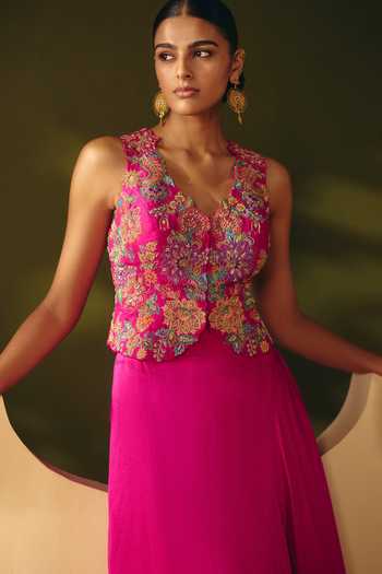 Shop Mrunalini Rao Pink Raw , V-neck Riva Waistcoat And Skirt Set Online at Aza Fashions Shop_Mrunalini Rao_Pink Raw , V-neck Riva Waistcoat And Skirt Set _Online_at_Aza_Fashions