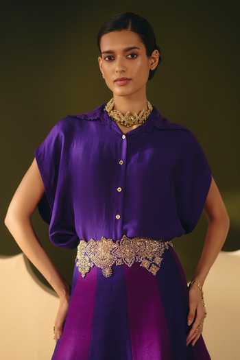 Buy Mrunalini Rao Purple , Raw Mandarin Collar Kosha Shirt With Flared Skirt Online at Aza Fashions Buy_Mrunalini Rao_Purple , Raw Mandarin Collar Kosha Shirt With Flared Skirt _Online_at_Aza_Fashions