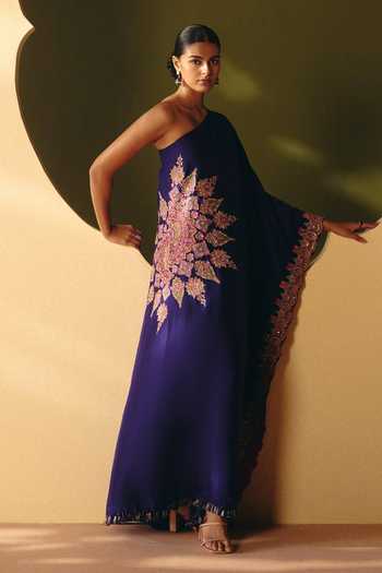 Buy_Mrunalini Rao_Purple Silk One Shoulder Veeranshi Embroidered Kaftan _Online_at_Aza_Fashions
