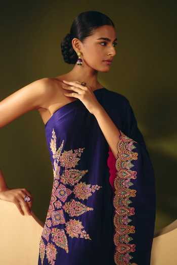 Shop_Mrunalini Rao_Purple Silk One Shoulder Veeranshi Embroidered Kaftan _Online_at_Aza_Fashions