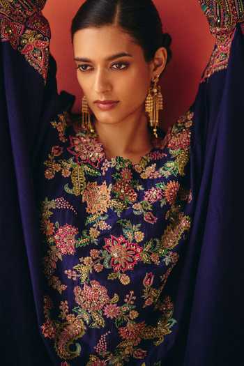 Shop_Mrunalini Rao_Purple Silk Round Neck Uma Kaftan Kurta And Pant Set _Online_at_Aza_Fashions