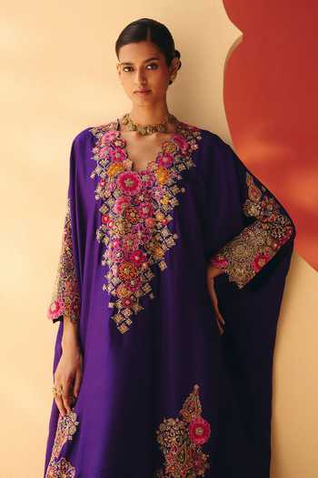 Shop Mrunalini Rao Purple Silk V-neck, Yes Vasundhara Embroidered Kurta And Pant Set Online at Aza Fashions Shop_Mrunalini Rao_Purple Silk V-neck, Yes Vasundhara Embroidered Kurta And Pant Set _Online_at_Aza_Fashions