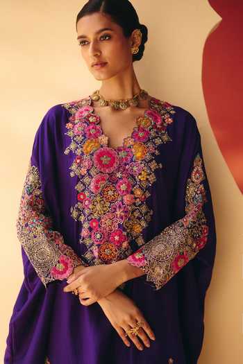 Mrunalini Rao Purple Silk V-neck, Yes Vasundhara Embroidered Kurta And Pant Set at Aza Fashions Mrunalini Rao_Purple Silk V-neck, Yes Vasundhara Embroidered Kurta And Pant Set _at_Aza_Fashions