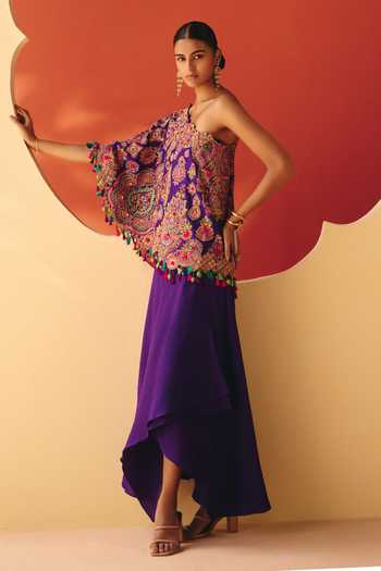 Shop Mrunalini Rao Purple Silk, Cotton One Shoulder Pratha Cape Set Online at Aza Fashions Shop_Mrunalini Rao_Purple Silk, Cotton One Shoulder Pratha Cape Set _Online_at_Aza_Fashions