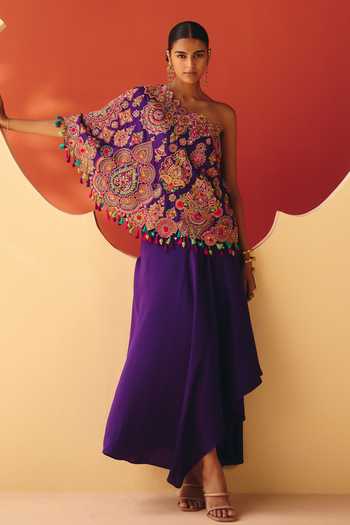 Mrunalini Rao Purple Silk, Cotton One Shoulder Pratha Cape Set at Aza Fashions Mrunalini Rao_Purple Silk, Cotton One Shoulder Pratha Cape Set _at_Aza_Fashions