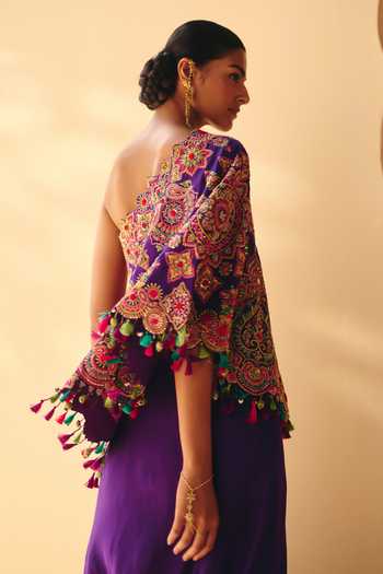 Buy Mrunalini Rao Purple Silk, Cotton One Shoulder Pratha Cape Set Buy_Mrunalini Rao_Purple Silk, Cotton One Shoulder Pratha Cape Set