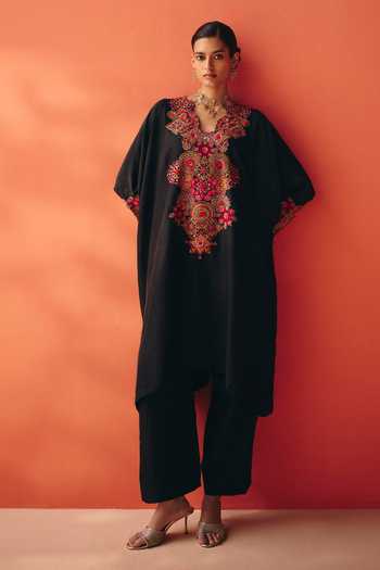 Buy_Mrunalini Rao_Black Silk V-neck Grisha Kaftan And Pant Set _Online_at_Aza_Fashions