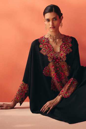 Shop_Mrunalini Rao_Black Silk V-neck Grisha Kaftan And Pant Set _Online_at_Aza_Fashions