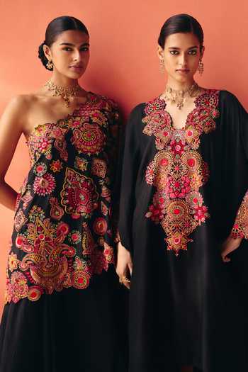 Shop_Mrunalini Rao_Black Silk V-neck Grisha Kaftan And Pant Set 