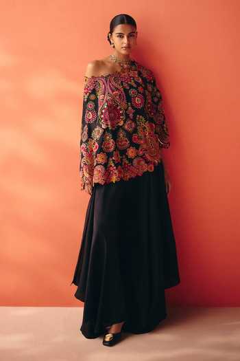Shop Mrunalini Rao Multi Color Silk, Cotton One Shoulder, Bandeau Neck Sahasra Cape And Pant Set Online at Aza Fashions Shop_Mrunalini Rao_Multi Color Silk, Cotton One Shoulder, Bandeau Neck Sahasra Cape And Pant Set _Online_at_Aza_Fashions