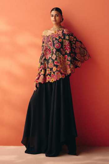 Mrunalini Rao Multi Color Silk, Cotton One Shoulder, Bandeau Neck Sahasra Cape And Pant Set at Aza Fashions Mrunalini Rao_Multi Color Silk, Cotton One Shoulder, Bandeau Neck Sahasra Cape And Pant Set _at_Aza_Fashions
