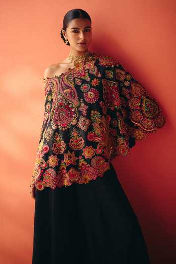 Buy Mrunalini Rao Multi Color Silk, Cotton One Shoulder, Bandeau Neck Sahasra Cape And Pant Set Buy_Mrunalini Rao_Multi Color Silk, Cotton One Shoulder, Bandeau Neck Sahasra Cape And Pant Set