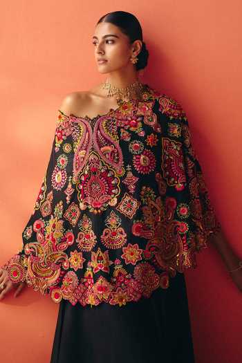 Shop Mrunalini Rao Multi Color Silk, Cotton One Shoulder, Bandeau Neck Sahasra Cape And Pant Set Shop_Mrunalini Rao_Multi Color Silk, Cotton One Shoulder, Bandeau Neck Sahasra Cape And Pant Set