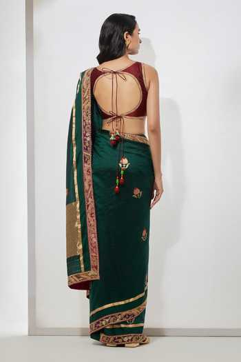 Aum By Asit And Ashima Emerald Green Embroidered Saree With Blouse 