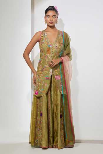 Aum By Asit And Ashima Sage Green Embroidered Kurta Sharara Set 