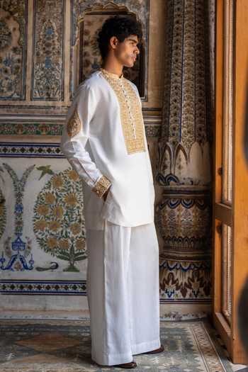 Dash And Dot_Gold Viscose, Nylon Metallic Thread Embroidered Short Kurta _Online_at_Aza_Fashions