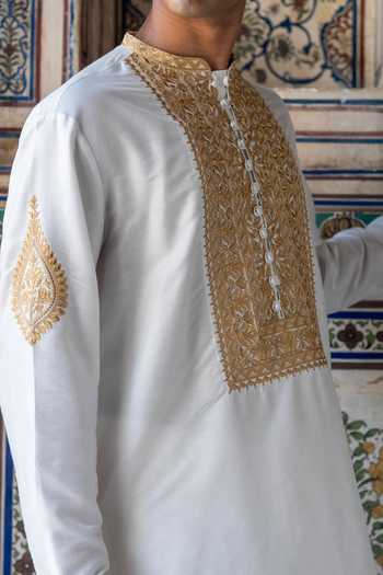 Buy_Dash And Dot_Gold Viscose, Nylon Metallic Thread Embroidered Short Kurta _Online_at_Aza_Fashions