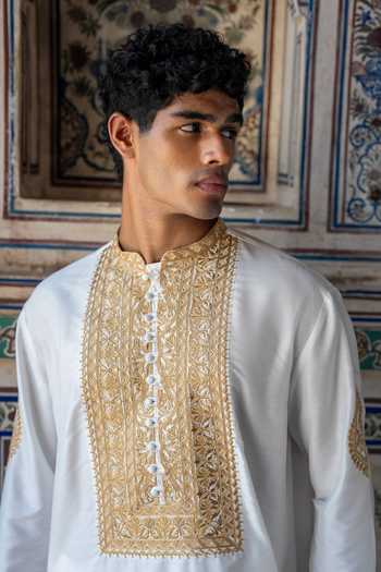 Dash And Dot_Gold Viscose, Nylon Metallic Thread Embroidered Short Kurta _at_Aza_Fashions