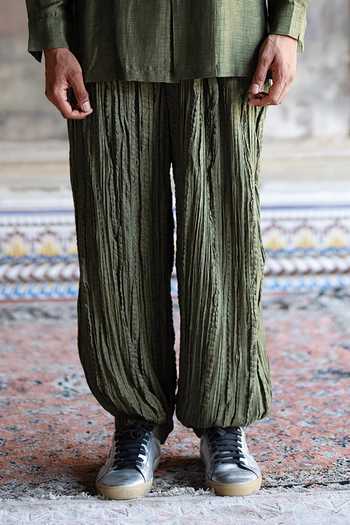 Dash And Dot_Green Viscose Crushed Crinkled Pant _Online_at_Aza_Fashions