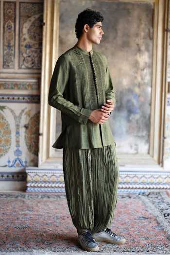 Dash And Dot_Green Viscose Crushed Crinkled Pant _at_Aza_Fashions