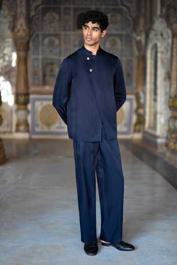 Dash And Dot Blue Viscose Asymmetric Jacket And Pant Set at Aza Fashions Dash And Dot_Blue Viscose Asymmetric Jacket And Pant Set _at_Aza_Fashions
