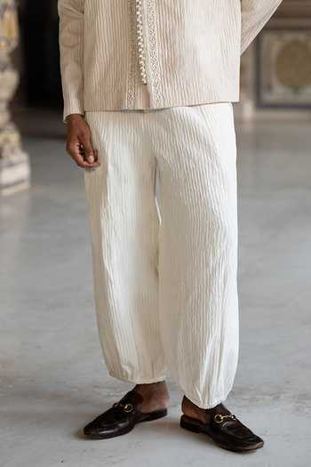 Dash And Dot_Ivory Polyester Textured Barrel Pant _Online_at_Aza_Fashions