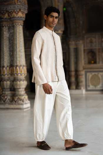 Shop_Dash And Dot_Ivory Polyester Textured Barrel Pant _Online_at_Aza_Fashions