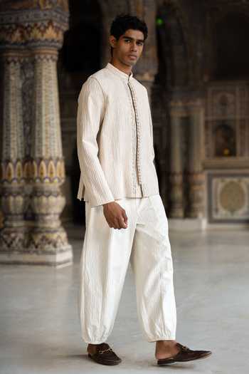 Shop Dash And Dot Ivory Polyester Dori Embroidered Textured Shirt And Barrel Pant Set Online at Aza Fashions Shop_Dash And Dot_Ivory Polyester Dori Embroidered Textured Shirt And Barrel Pant Set _Online_at_Aza_Fashions