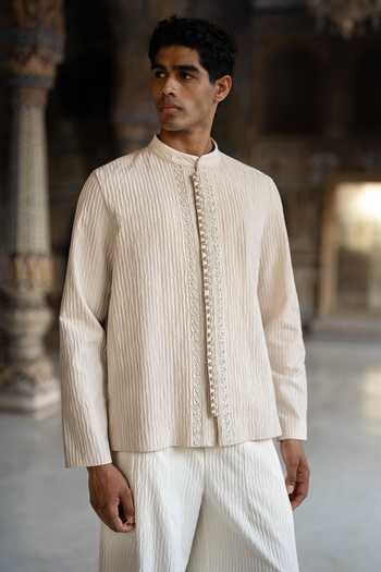 Dash And Dot Ivory Polyester Dori Embroidered Textured Shirt And Barrel Pant Set at Aza Fashions Dash And Dot_Ivory Polyester Dori Embroidered Textured Shirt And Barrel Pant Set _at_Aza_Fashions