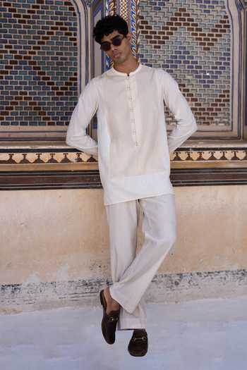 Shop Dash And Dot Ivory Viscose, Nylon Embroidered Striped Straight-cut Pant Online at Aza Fashions Shop_Dash And Dot_Ivory Viscose, Nylon Embroidered Striped Straight-cut Pant _Online_at_Aza_Fashions