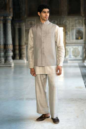 Buy Dash And Dot Grey Viscose Embroidery Stripe Bundi Online at Aza Fashions Buy_Dash And Dot_Grey Viscose Embroidery Stripe Bundi _Online_at_Aza_Fashions